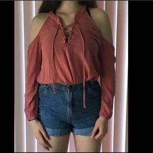 Pink Peekaboo Shoulder Laceup Shirt